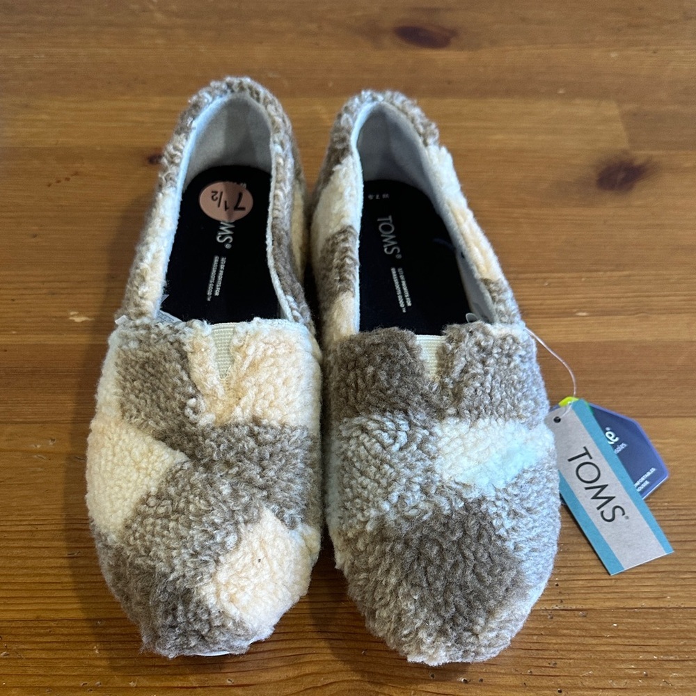 TOMS Fuzzy Cream and Brown Slip-Ons